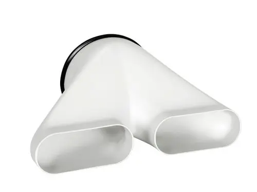 Weißer Adapter mit zwei ovalen Auslässen, der einen Übergang von einem rundem auf ein ovales Luftkanalsystem ermöglicht. Produkt von Fränkische.